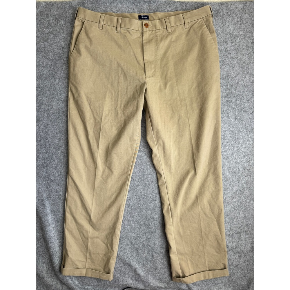 IZOD Mens Chino Pants 44x34 Khaki Flat Front Stretch Cotton Blend Cuffed Hem